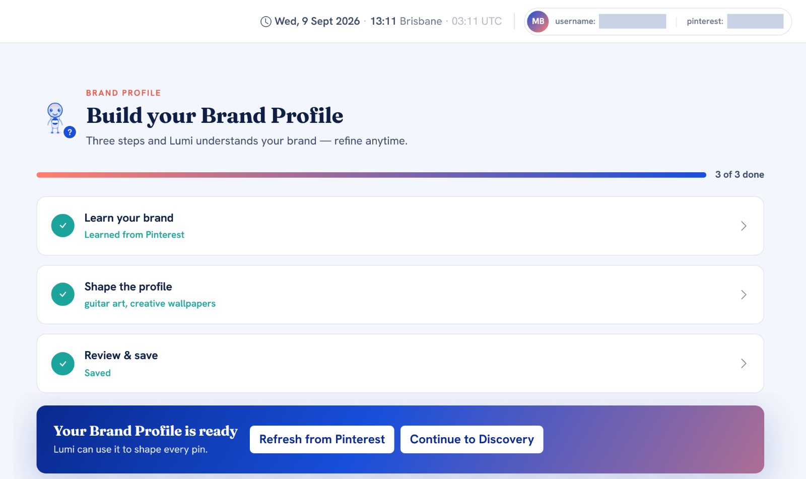The Brand Profile for @burnzmark in three finished steps: learned from Pinterest, shaped to guitar art and creative wallpapers, saved