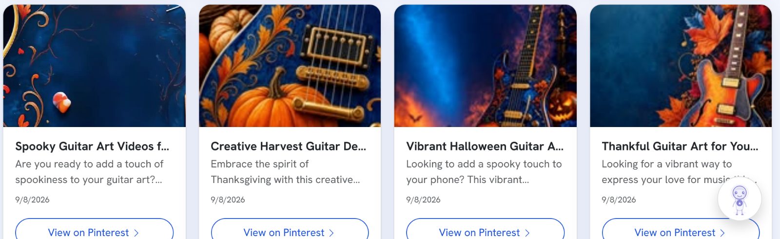 Four published @burnzmark pins in Pin Pal Studio: Halloween and Thanksgiving guitar art with pumpkins, autumn leaves and jack-o-lanterns