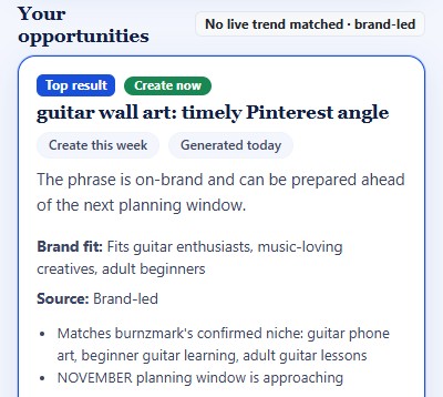 A Pin Pal Discover idea for guitar wall art: no live trend matched, so it is brand-led, on-brand for the guitar niche, with the November planning window approaching