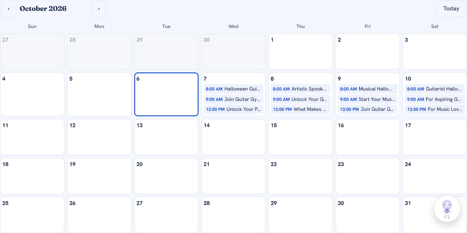 The publishing calendar for October 2026, with three pins scheduled on each day from the 7th to the 10th
