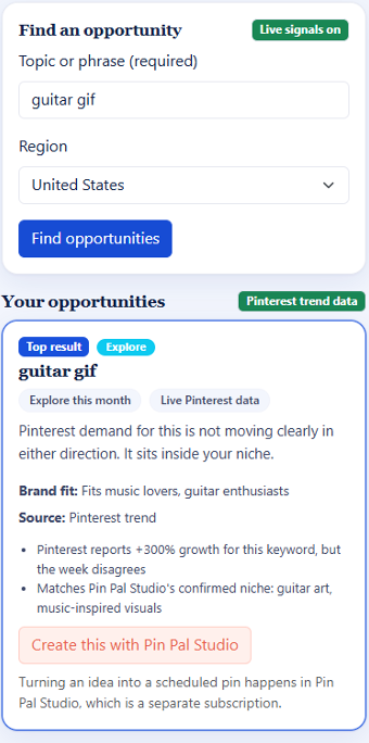 Pin Pal Discover in Chrome's side panel: a topic search returning a Pinterest opportunity with its brand fit and evidence