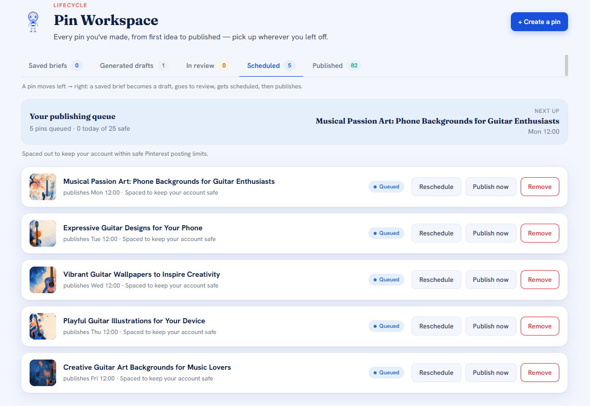 Pin Pal Studio publishing queue — approved pins paced safely across days